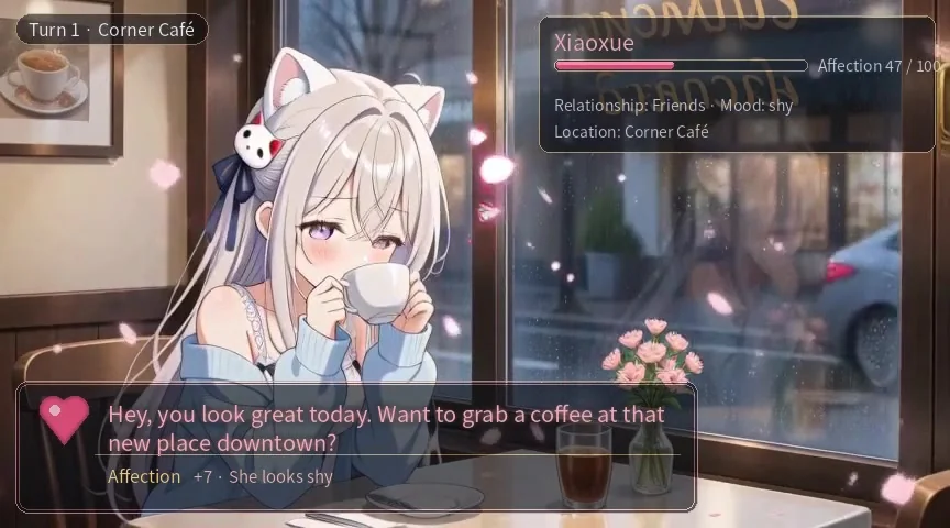 Published Figure 6 still: Dating narrative, Turn 1 · Corner café