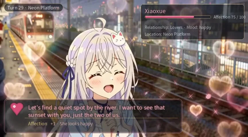 Published Figure 6 still: Dating narrative, Turn 29 · Neon platform