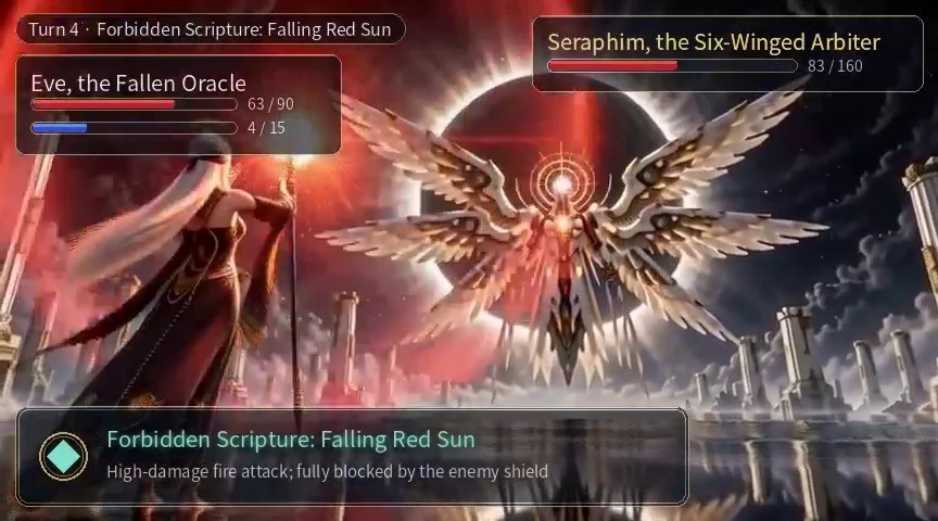 Published Figure 6 still: Turn-based duel, Turn 4 · Falling red sun