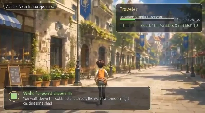 Published Figure 6 still: Town exploration, Act 1 · Sunlit street