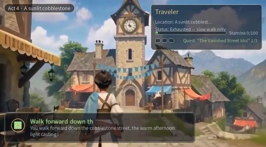 Published Figure 6 still: Town exploration, Act 4 · Exhausted