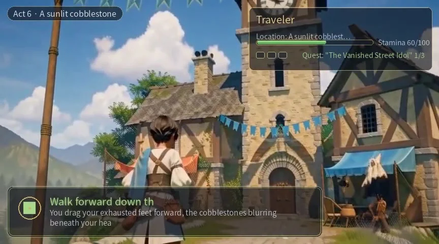 Published Figure 6 still: Town exploration, Act 6 · Walking on